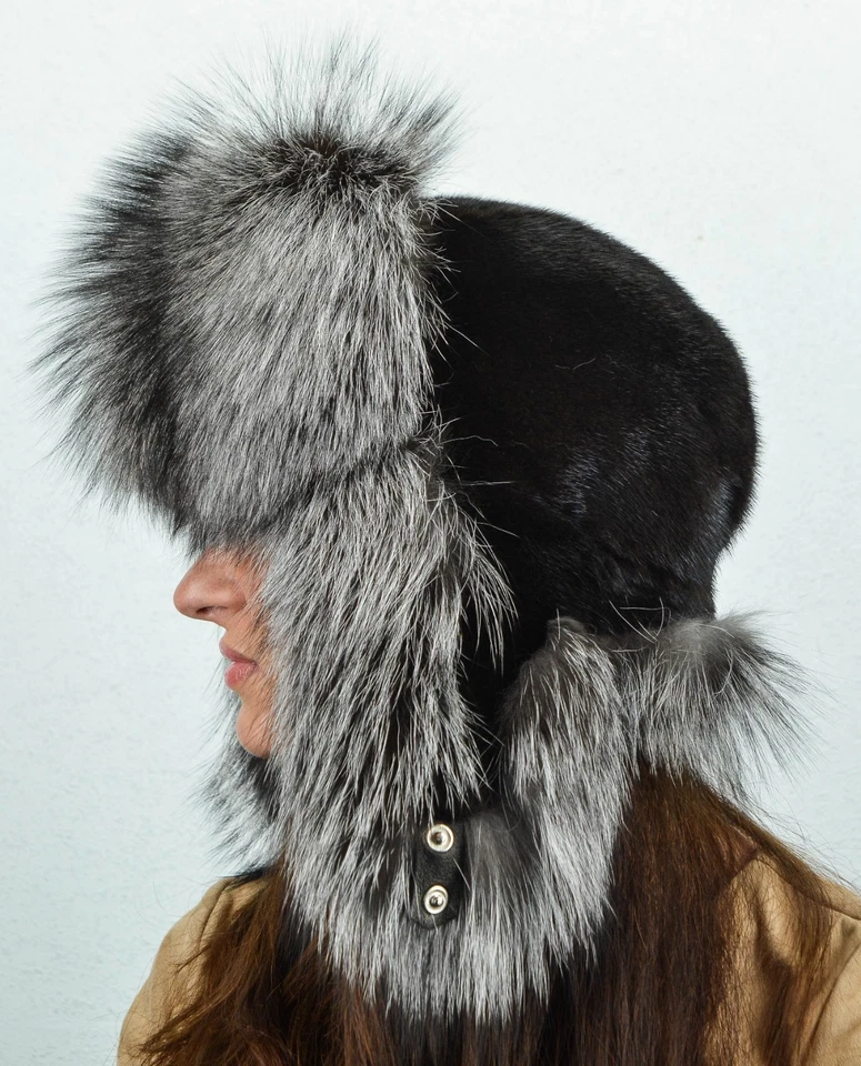 Saga Furs Silver Fox & Black Mink Fur Winter Trapper Ushanka Aviator Ski Hat - Image 2 of 3