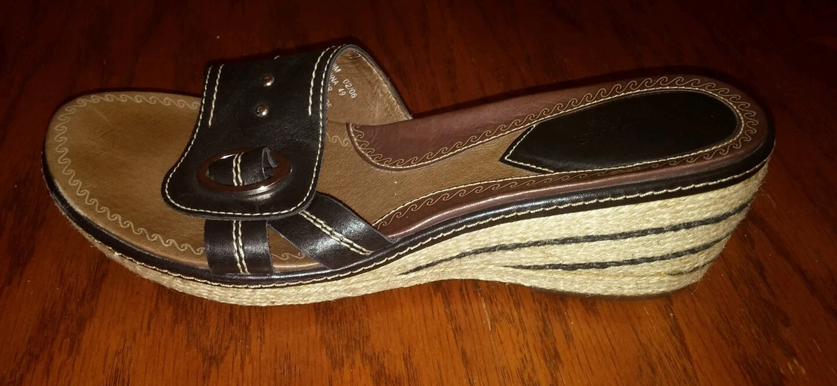 Clarks Artisan womens black leather espadrille wedge heels size 9