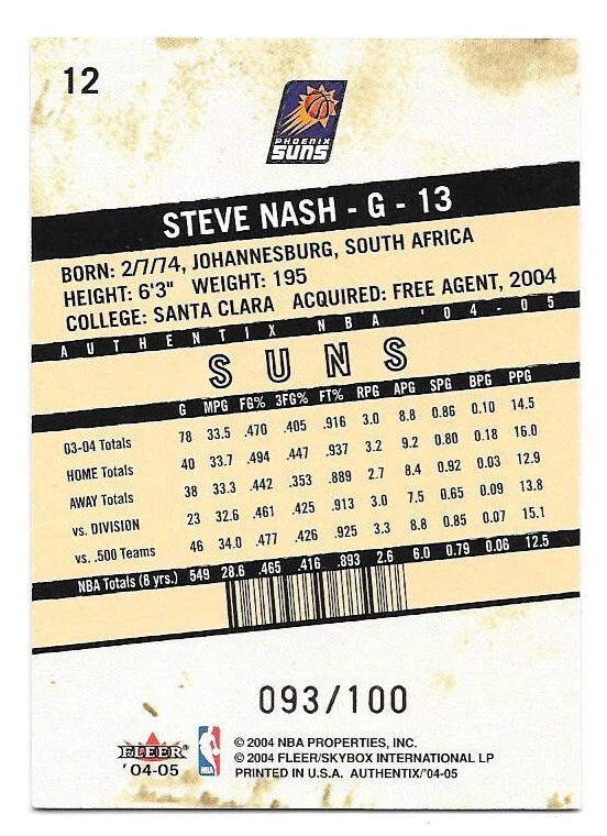 2004-05 Fleer Authentix Parallel #12 Steve Nash Serial Numbered /100 - Image 2 of 2