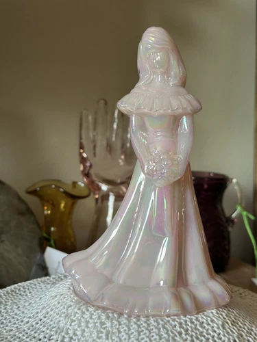 VTG Fenton Art Glass Pink Iridescent  Girl w/ Bouquet" Bridesmaid Figurine 7"