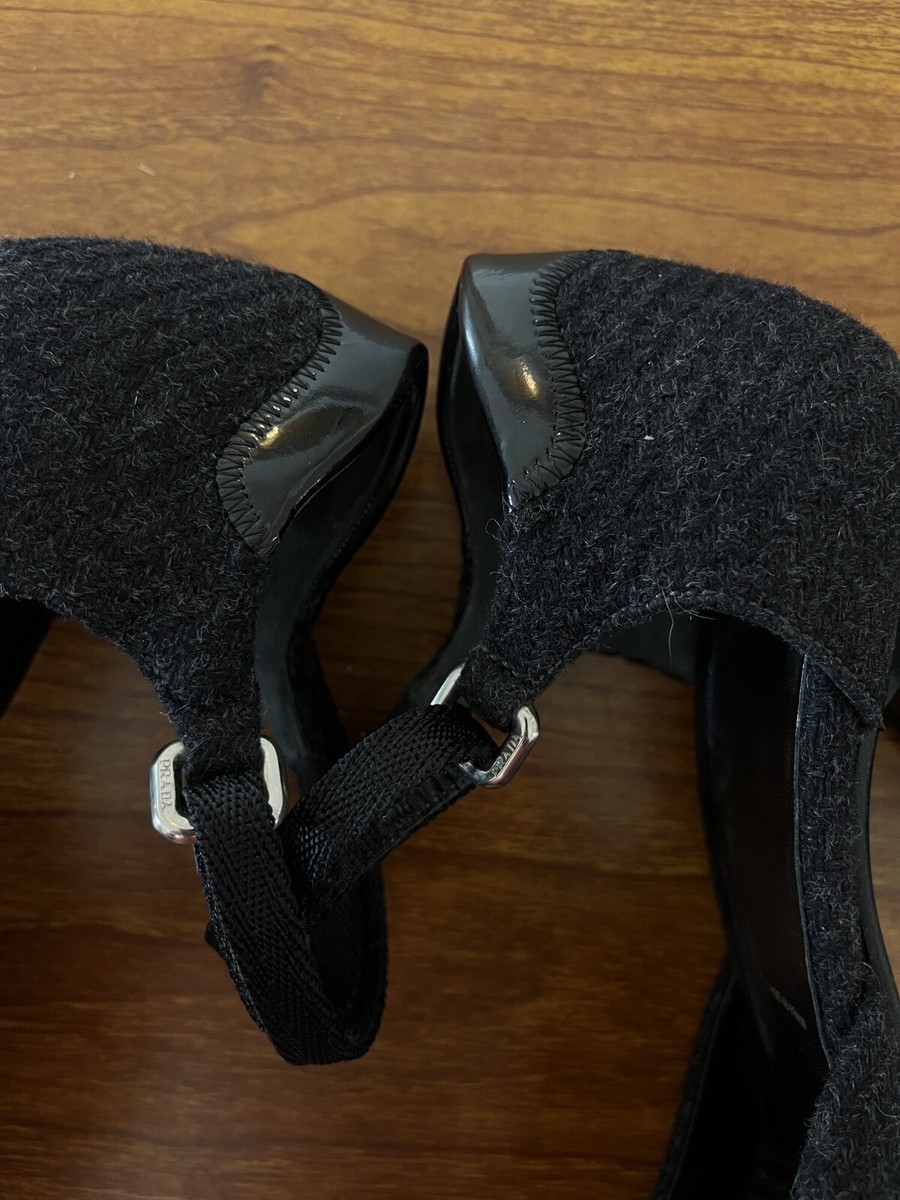 90s Prada Black Tweed Mary Jane Heels Size 39 Newly Resoled