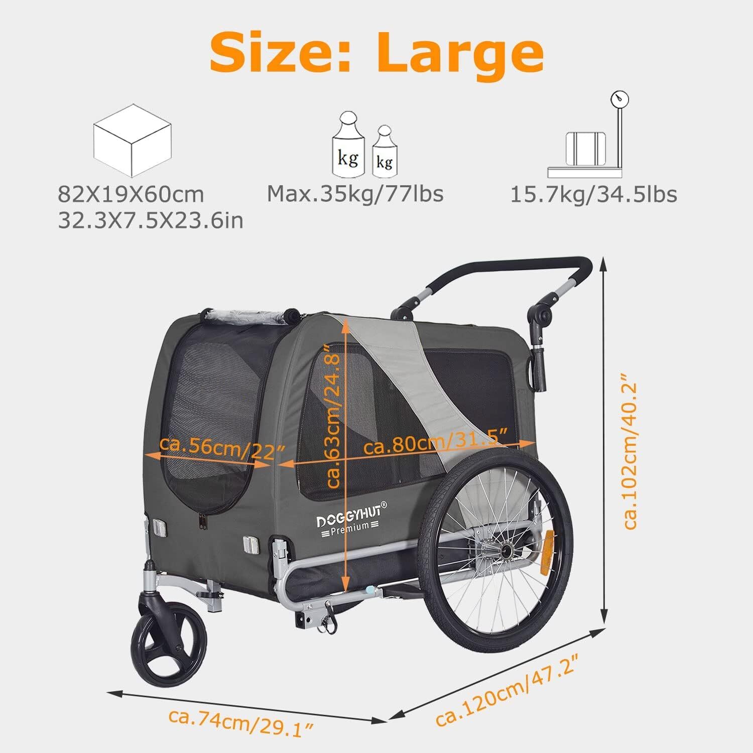 DOGGYHUT® Premium Large/XL Pet Bike Trailer & Stroller for Large Sized