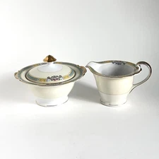 Japan Porcelain China Gold Green Pink Yellow Cream Sugar With Lid Art Deco