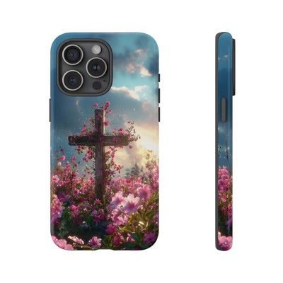 Phone Case for iPhone, Pixel, Galaxy - Christian Cross Pink Flower Sunrise Cover