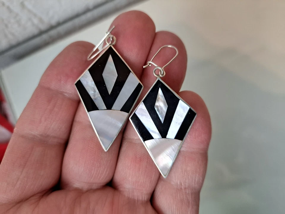 Bellissimi Orecchini, Pendenti, 925 Argento Con Onice E Madreperla - Immagine 3 di 3