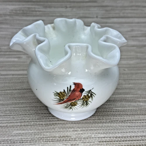 Vintage Fenton Milk Glass Ruffled Vase Hand Painted Signed By J Brown 5 x 3.5 In
