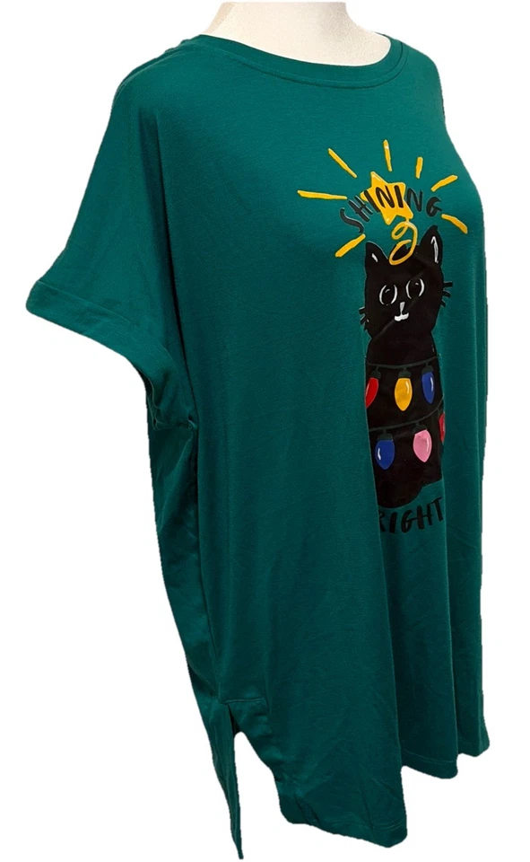 NWT LuLaRoe Green Leah Drop Shoulder Cuff Tunic Shining Bright Black Cat Size L - Image 2 of 4