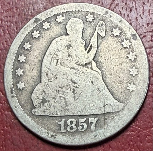 1857 Seated Liberty Quarter. Free Shipping