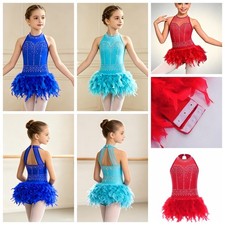 Girls Ballroom Rumba Dancewear Tango Leotard Professional Skirted Party Feather