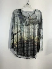 Womans Inoah Large Gray Graphic Long Sleeve Pullover Scoop Neck Tunic Top NWT 