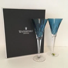 WATERFORD CRYSTAL AQUAMARINE LISMORE TOASTING FLUTE PAIR   9 1/8"   NEW   BNIB