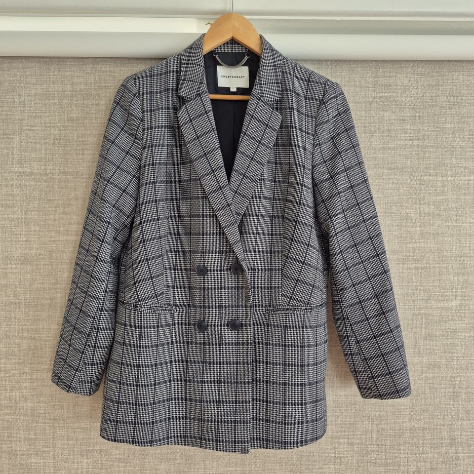 Sportscraft Womens Blazer 14 Blue Check Longline Double Breasted Pockets 
