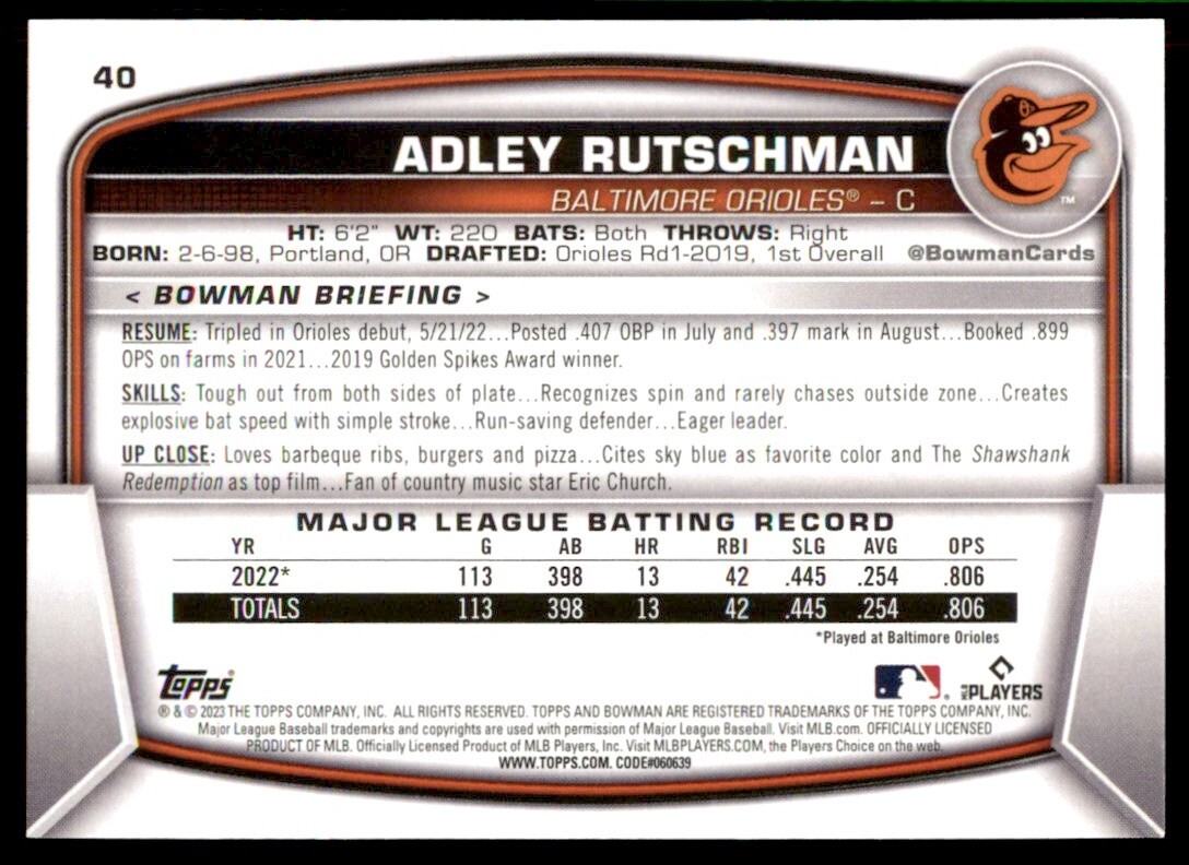 Adley Rutschman 2023 Bowman Rookie Card !! RC ! #40 Baltimore