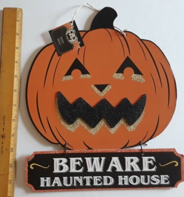 Vintage styled halloween wall hanging sign Jack o'lantern BEWARE ...