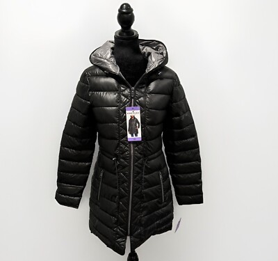 Kenneth Cole Women Black Puffer Jacket Midi Hood quilted NWT Size XS
