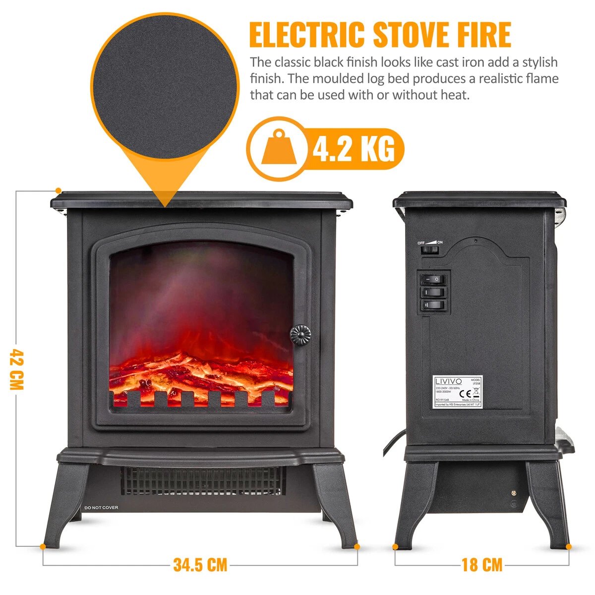 2000W Electric Fireplace Stove Heater Fire Place Flame Effect Freestanding  Black | eBay