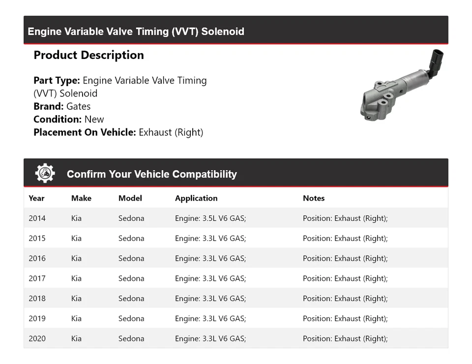 Para Kia Sedona 2014-2020 motor VVT escape solenoide puertas 2015 2016 Foto 2 de 4