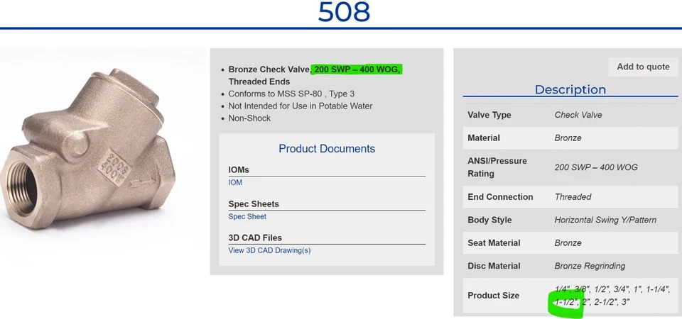 1-1/2" NPT Bronze Y Swing Check Valve, 200S/400W, Milwaukee Valve 508 NEW [D1S3] - Image 3 of 4