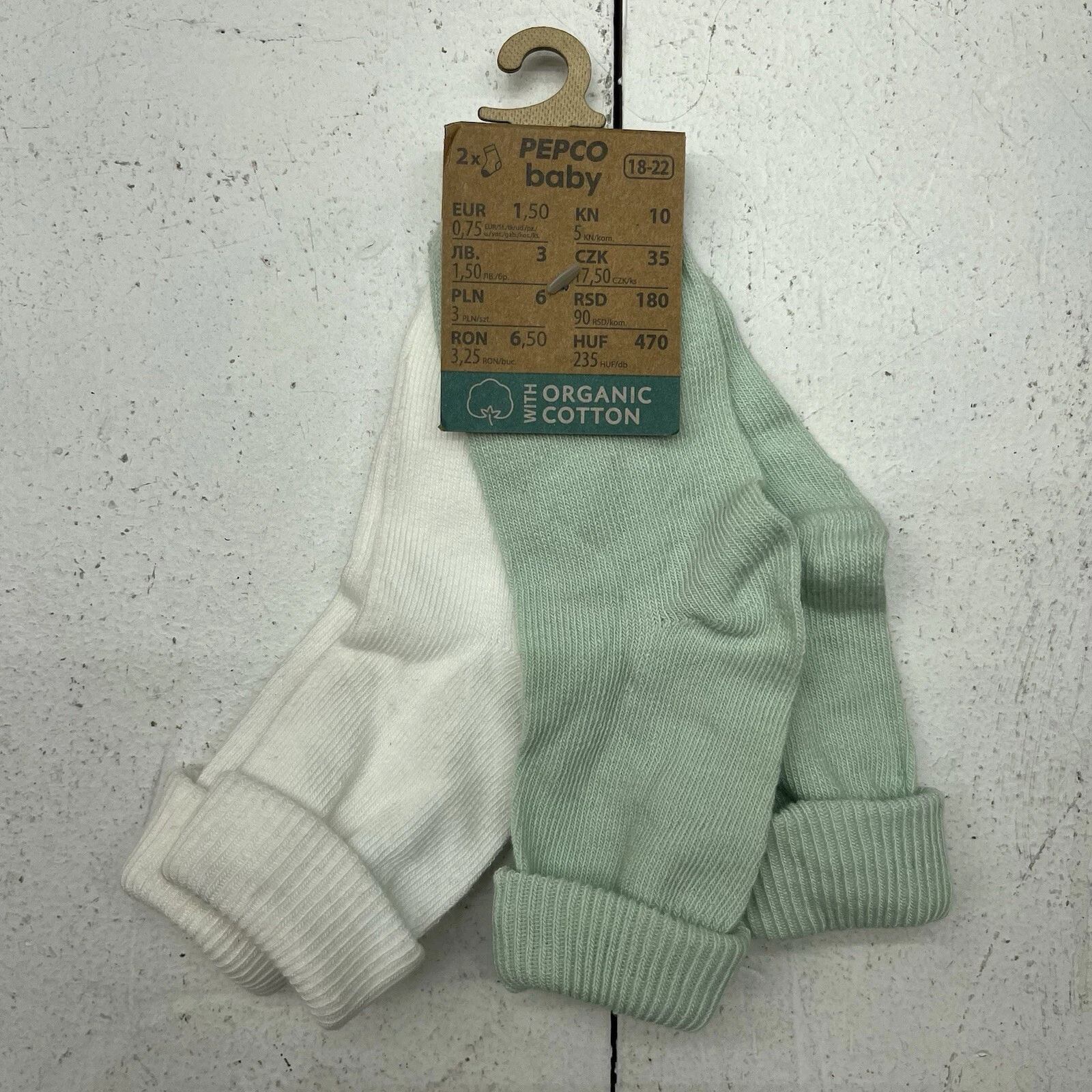 Pepco Baby Green White 2-Pack Socks Organic Cotton EUR Baby Girl Size 18-22 3T