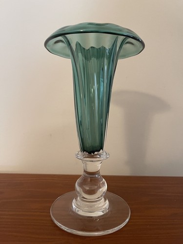 Vaso tromba scanalato acqua/teal vetro soffiato a mano piede chiaro firmato art reed 1999 - Foto 6 di 13