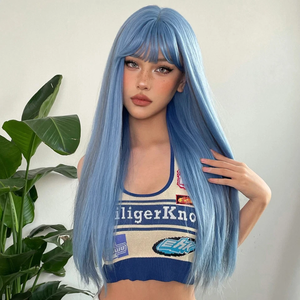 Peluca para mujer larga suave separación a la sombra media negro azul* Foto 4 de 4