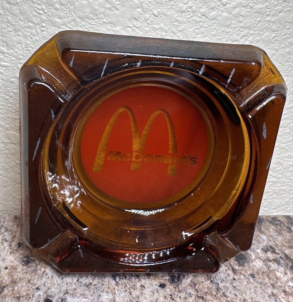 Vintage McDonald's Restaurant Dark Amber Glass Small Ashtray Red Logo