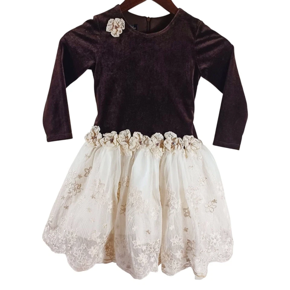 Vestido Isobella & Chloe Niñas Talla 5 Marrón Terciopelo Marfil Encaje Tul Falda Vacaciones Foto 2 de 4