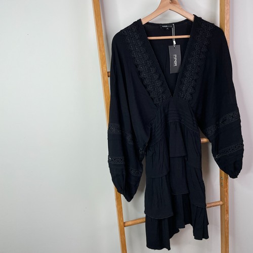 Piper Mini Dress Womens 6 Black Embroidered Balloon Sleeve Tiered Ruffle NWT - Picture 2 of 13