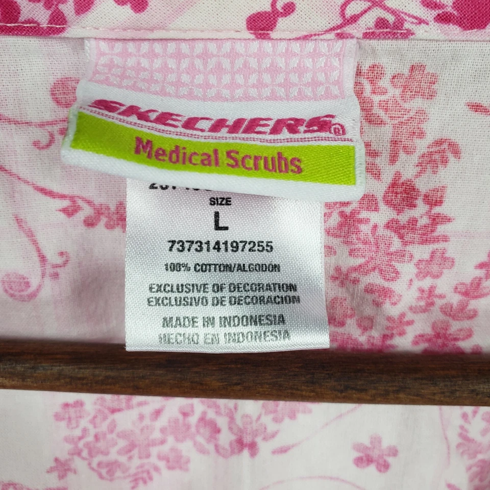 Skechers Medical Scrub Top Pink Floral Cotton Women's Large - Image 3 of 4