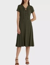 Lauren Ralph Lauren Lace-Up Midi Length Short Sleeve Jersey Dress Olive Size 8