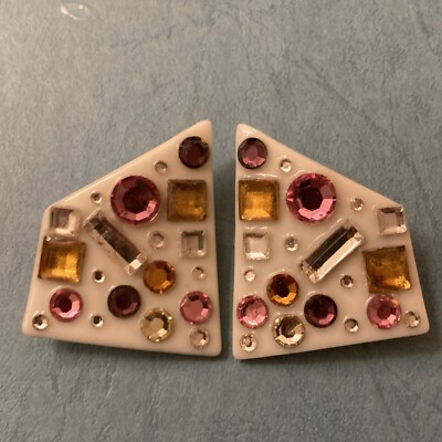 Vintage 80 s  B. Schiffer 1984 White With Multicolor Rhinestones Clip Earrings