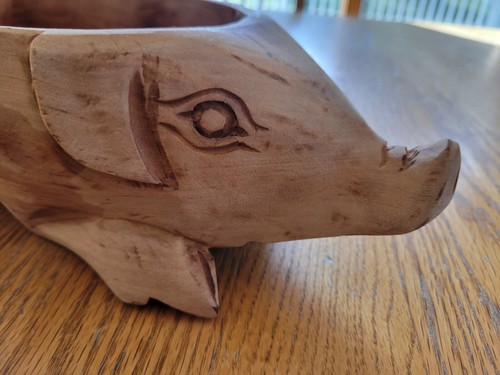 Pig Bowl Wooden Hand Carved Farmhouse Decor Unique Vessel - Picture 3 of 10