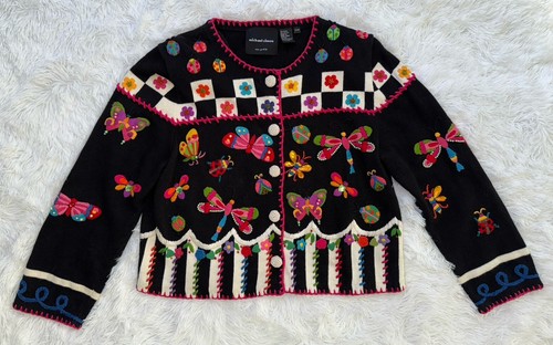 Michael Simon Butterfly Bugs bunte Pop Art Strick Cardigan Edelstein Pullover Gr. M