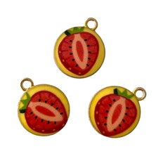 10 Charms Red Enamel Strawberry Fruit Slice Flat Round Bead Drops 19x15mm