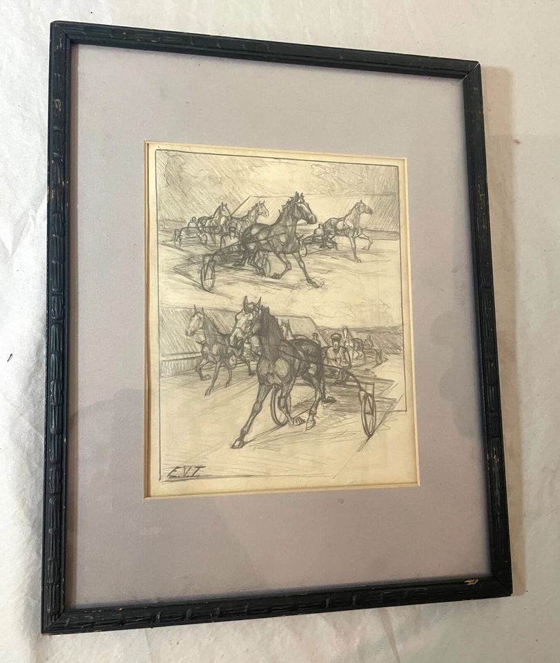 antiguo original dibujo a lápiz caballo arnés pista carreras realismo EVT boceto Foto 2 de 4