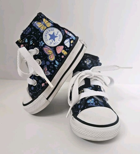Toddler CONVERSE ALL STAR EUC Black Butterflies Gnomes Hi Top Sneakers Size 3 - Picture 2 of 10