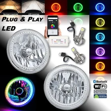 7" Bluetooth RGB SMD Color Chasing H4 Halo Headlight w/ 360° LED Lamp Bulb PAIR