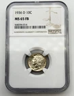 1936-D Mercury Dime 10C NGC MS65 FB Full Bands Silver US Coin Winged Liberty BM1