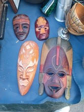 Lot of 4 Hand Carved Wooden Tribal Masks Wall Hanging Folk Art Tiki Decor