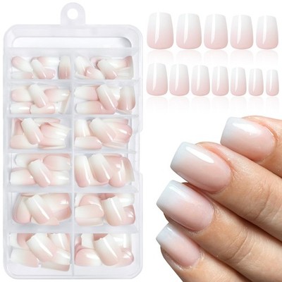 144Pc Ombre Coffin Press on Nails Short Fake Nails Pink White Glue on Nail Ombre