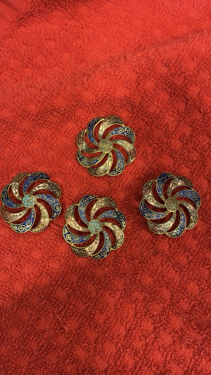 Antique French Champleve Enamel Pinwheel Buttons Set of 4 Openwork