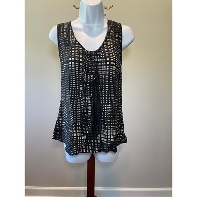 Halogen Black & Beige 100% Silk Ruffle Front Sleeveless Top   Size M