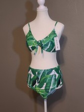 Green Leaf Print Bikini Set High Waist NWT Large Adjustable Straps Pullover Top
