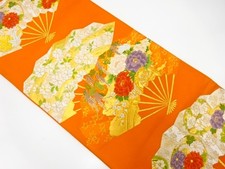7504396: JAPANESE KIMONO / ANTIQUE FUKURO OBI / SILK / WOVEN FLOWER ROUNDEL