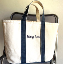 Vintage L.L. Bean Boat and Tote Canvas Bag Ivory W/Blue Straps MARY LOU Medium
