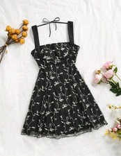 Women's [US L/XL] Floral Embroidery Backless A-line Dress with Tie Straps