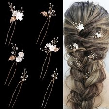 Handmade Pearl Bridal Wedding Hair Pins 6Pcs White Flower Gold Leaf Pearls Cl...