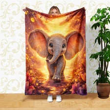 Magical Sunset Baby Elephant Coral Fleece Blanket Whimsical Nature Art