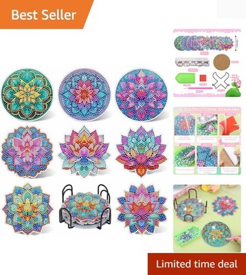 Create Stunning Lotus Diamond Art Coasters - 8 Piece Non-Slip DIY Kit for Adults