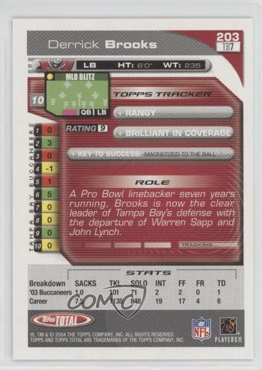 2004 Topps Total First Edition Derrick Brooks #203 HOF - Image 2 of 2
